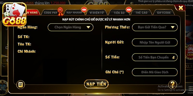 Hệ thống nạp rút tiền Go88 được đầu tư kỹ lưỡng với nhiều ưu điểm